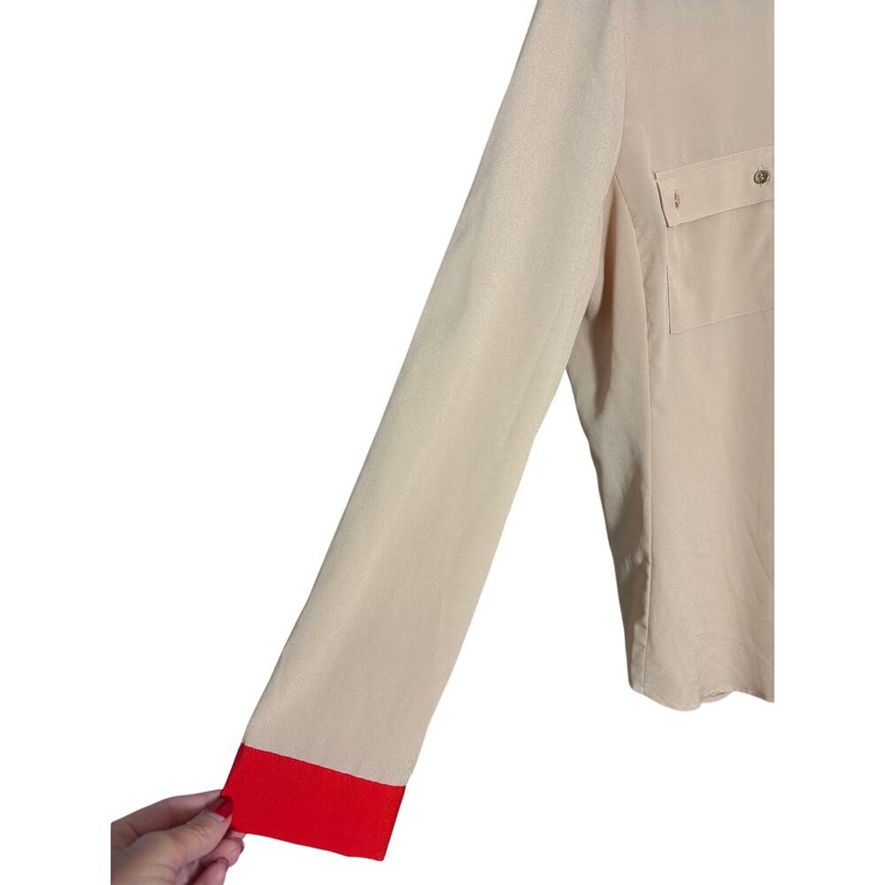 New York and Company Colorblock Blouse Red Collar Cuff Button Down Shirt Women L - Picture 3 of 5